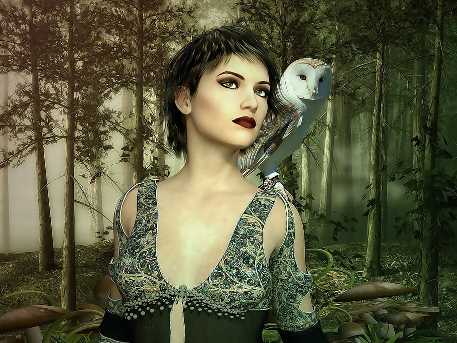 Gothic Female Model with owl on shoulder, Bird, dark, forest HD wallpaper