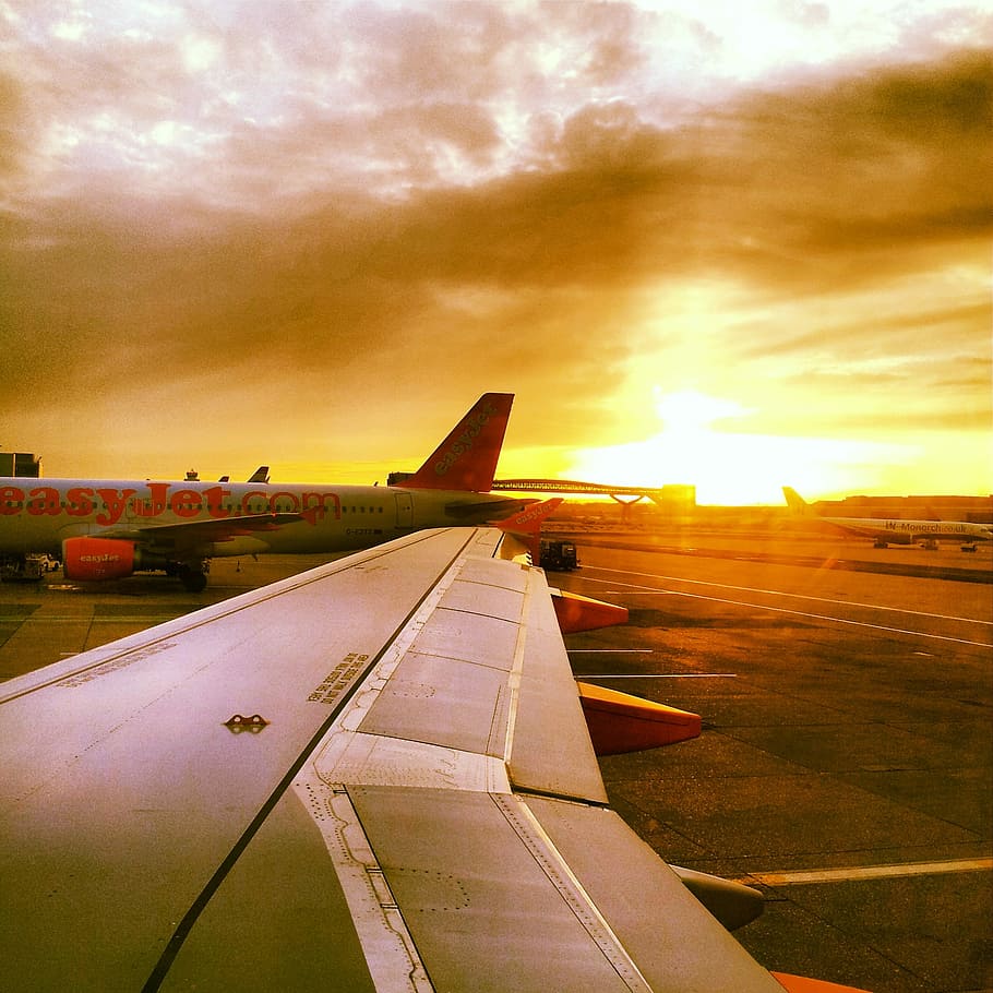 Fly, Travel, Sunset, Clouds, sky, airport, plane, sunlight HD wallpaper