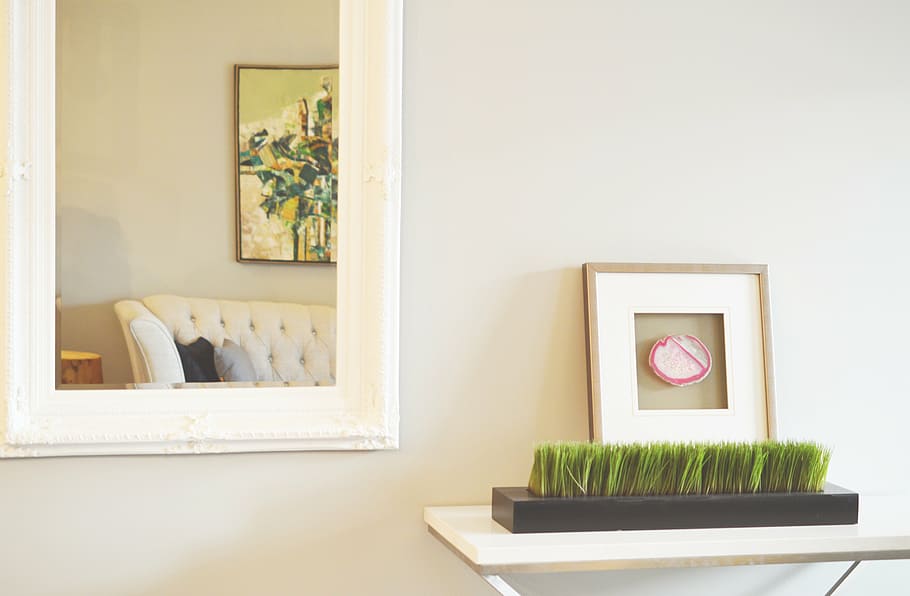 white and brown wooden photo frame on white wooden table, mirror HD wallpaper