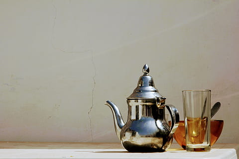 gray stainless steel kettle near clear drinking glass, Teatime HD wallpaper