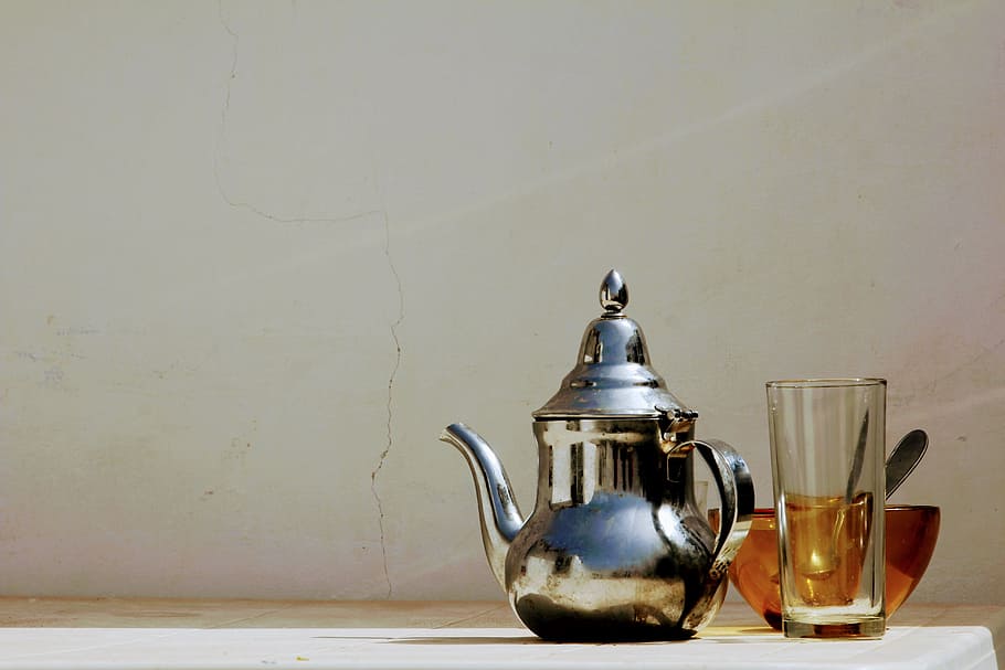 gray stainless steel kettle near clear drinking glass, Teatime HD wallpaper