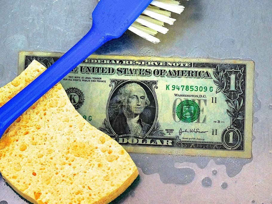 blue brush on sponge and 1 US dollar banknote, money laundering, HD wallpaper