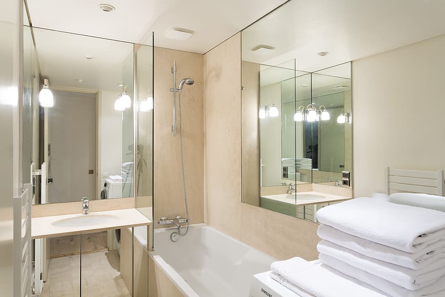 white towels on white surface, bath, mirror, real estate, bathroom HD wallpaper