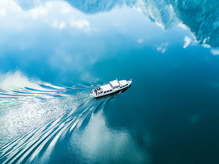 bird's-eye photography of white boat, white ship sailing on body of water HD wallpaper