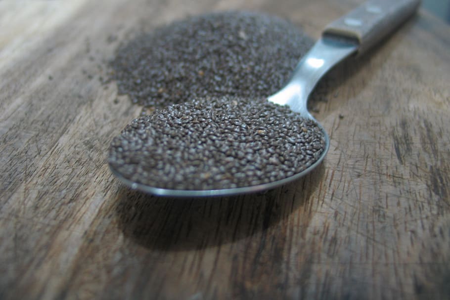 selective-focus photography of gray spoon, chia seed, vegetable HD wallpaper