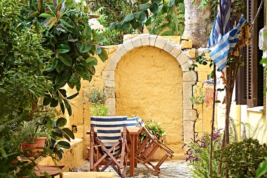 chairs near arch wall, tavern, restaurant, greece, historically