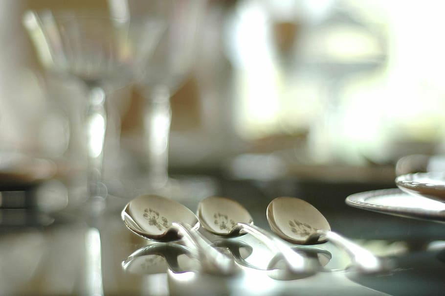 selective focus photography of three silver spoons, utensils HD wallpaper