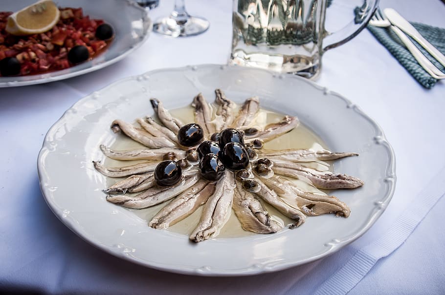 serving of dish in plate, anchovies, eat, starter, salt anchovy, HD wallpaper
