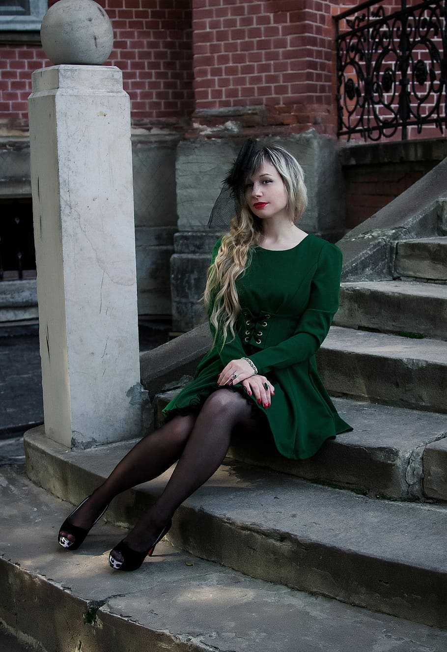 woman sitting on grey concrete stairs, ladder, castle, gothic HD wallpaper