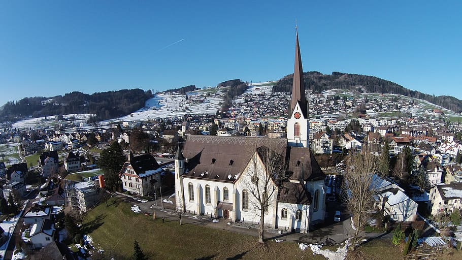 church, abtwil at st, gallen, aerial, aerial view, architecture, HD wallpaper