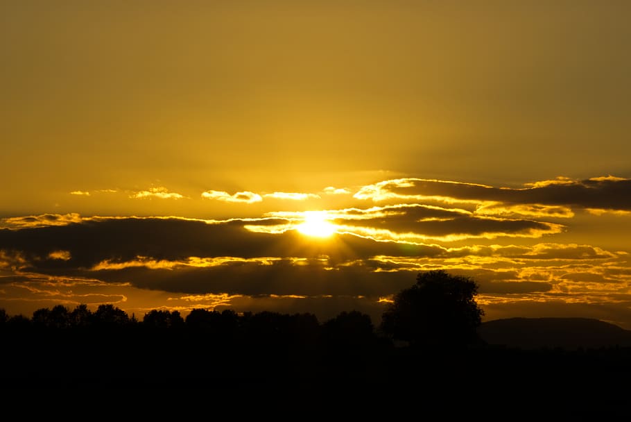 sunset, dawn, dusk, sky, clouds, sunbeam, dark, silhouette HD wallpaper