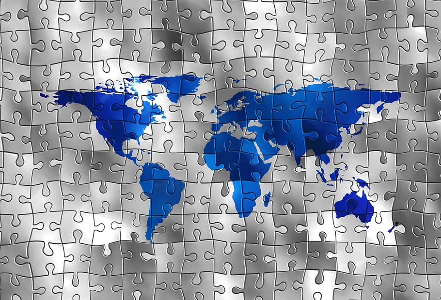 blue and gray world map puzzle piece, continents, earth, global, HD wallpaper