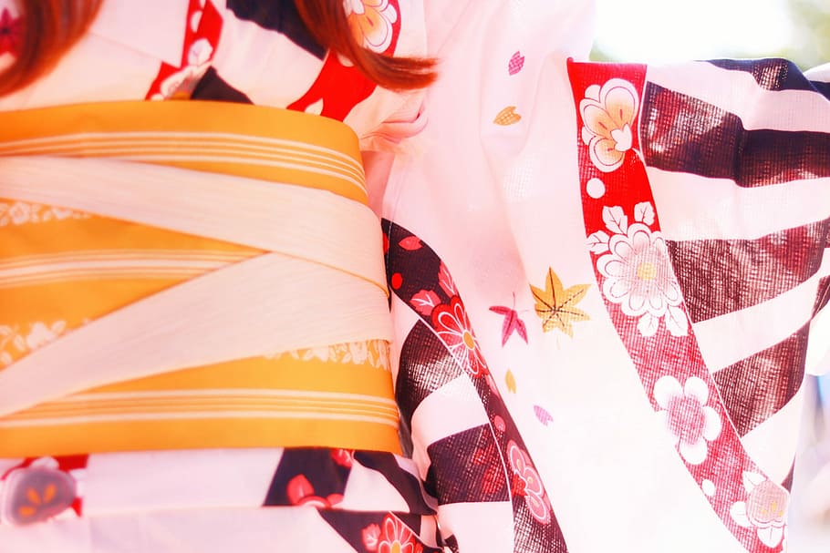 white, red, and yellow textile, kimono, cultures, women, japan HD wallpaper