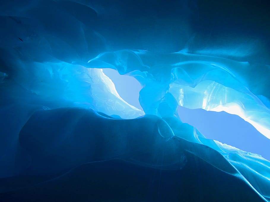 blue digital art, glacier, ice, crevasse, ice formations, shadow HD wallpaper