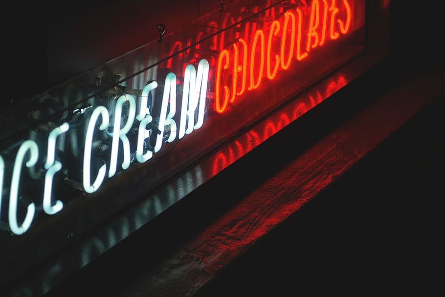 red and white ice cream neon light signage, street, night, text