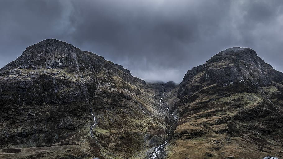 mountains under cloudy sky during daytime, landscape photography of river between rock formation HD wallpaper