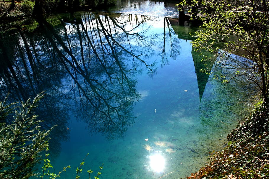 blautopf, color, mirroring, sun, lichtspiel, water, trees, plant HD wallpaper