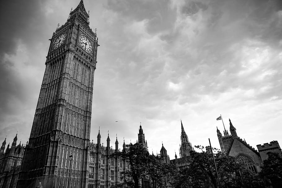 grayscale photo of Big Ben, Big Ben clock, city, clock tower HD wallpaper