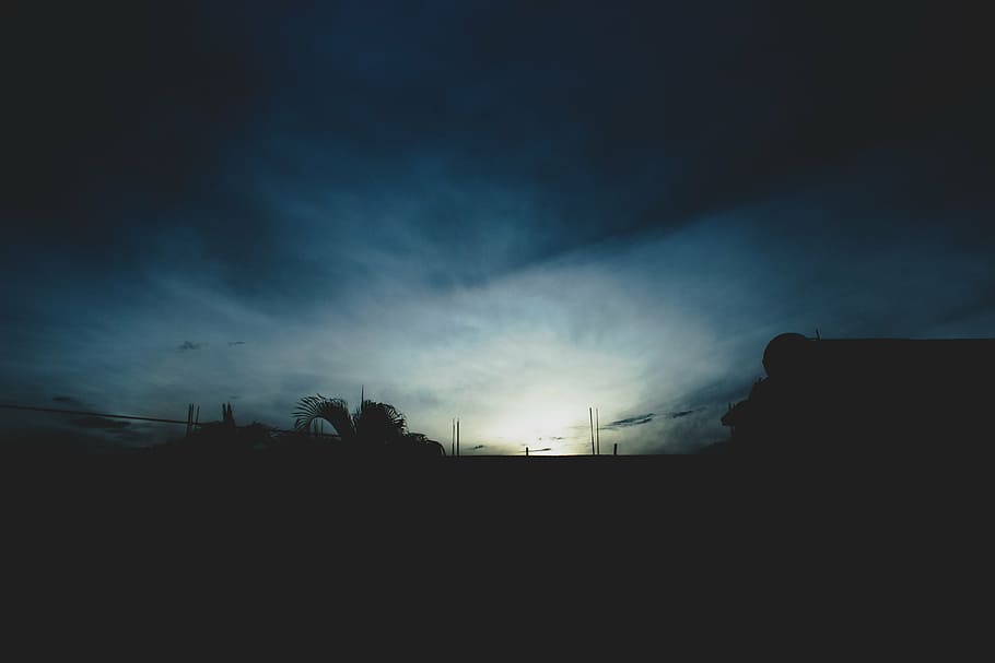 untitled, silhouette, trees, building, blue, white, sky, sunset HD wallpaper