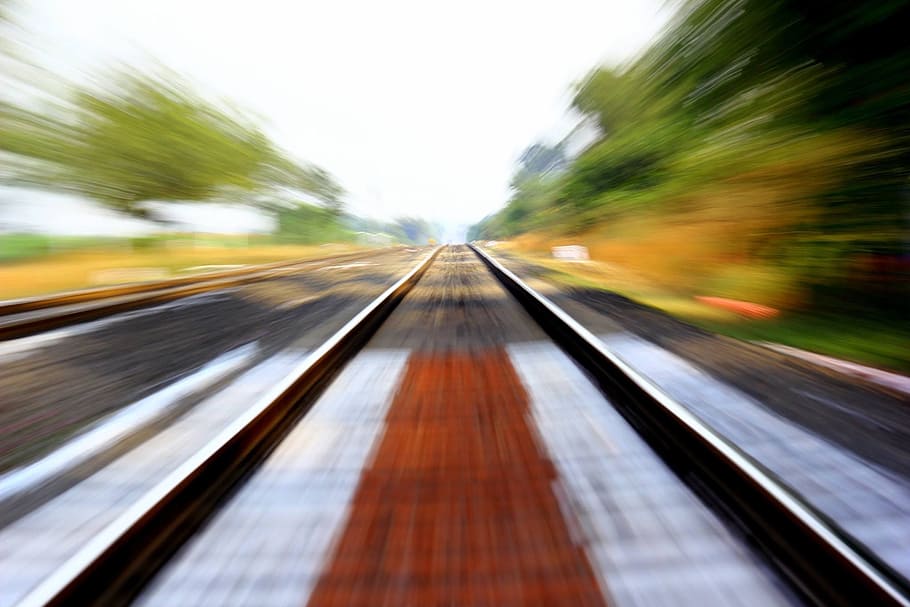 black metal train rail near trees, Motion, Speed, Lens, Cracking HD wallpaper