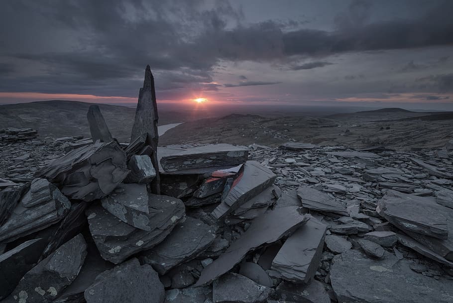 pile of gray rocks during sunset, nature, outdoors, ice, landscape HD wallpaper