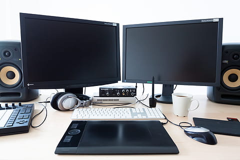 two black flat screen computer monitor on white table, calculator HD wallpaper