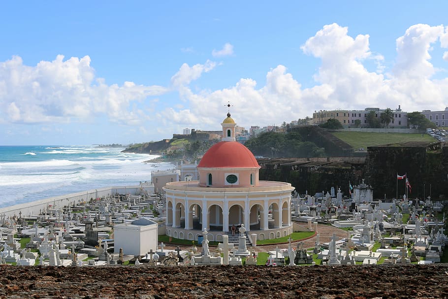 Cemetery by the ocean landscape in San Juan, Puerto Rico, coastline