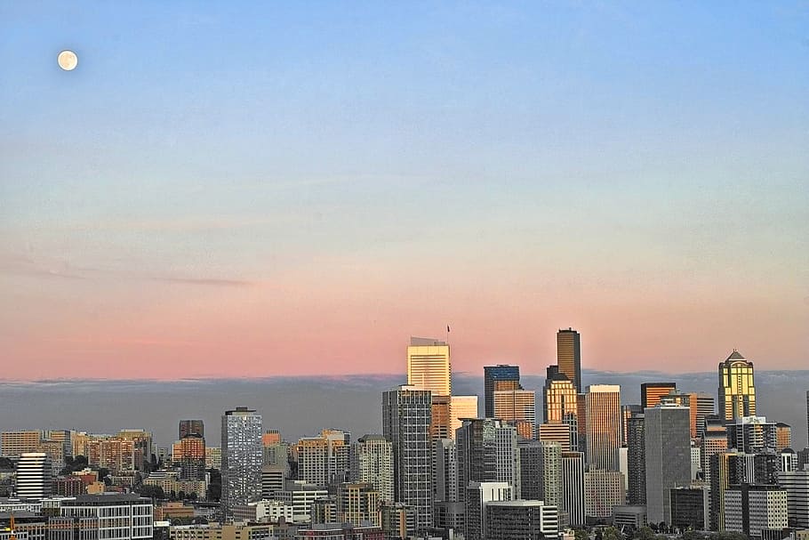 seattle, skyline, moon, sunset, building exterior, architecture HD wallpaper