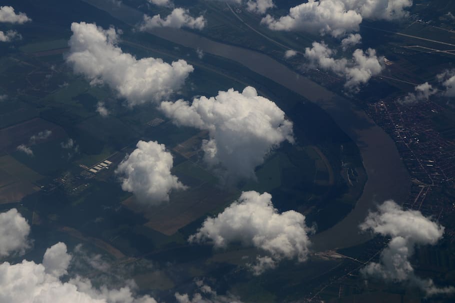 sky, cloud, height, plane, white, fluffy, the atmosphere, landscape HD wallpaper