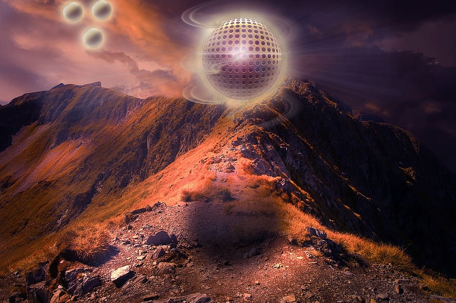 gray sphere floating on mountain top art, globe, ufo, landscape HD wallpaper