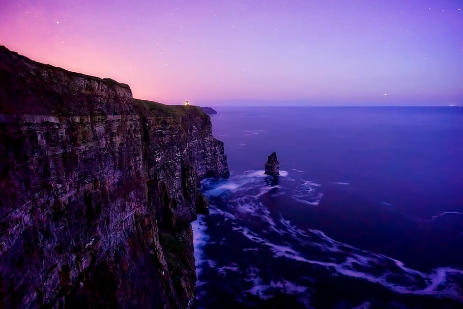gray cliffside beside the ocean, ireland, sea, waves, sunset, HD wallpaper
