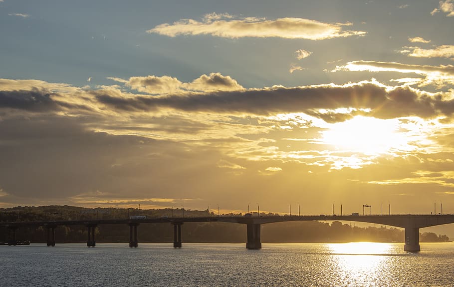 bridge, sunset, sky, architecture, evening, river, volga, clouds HD wallpaper