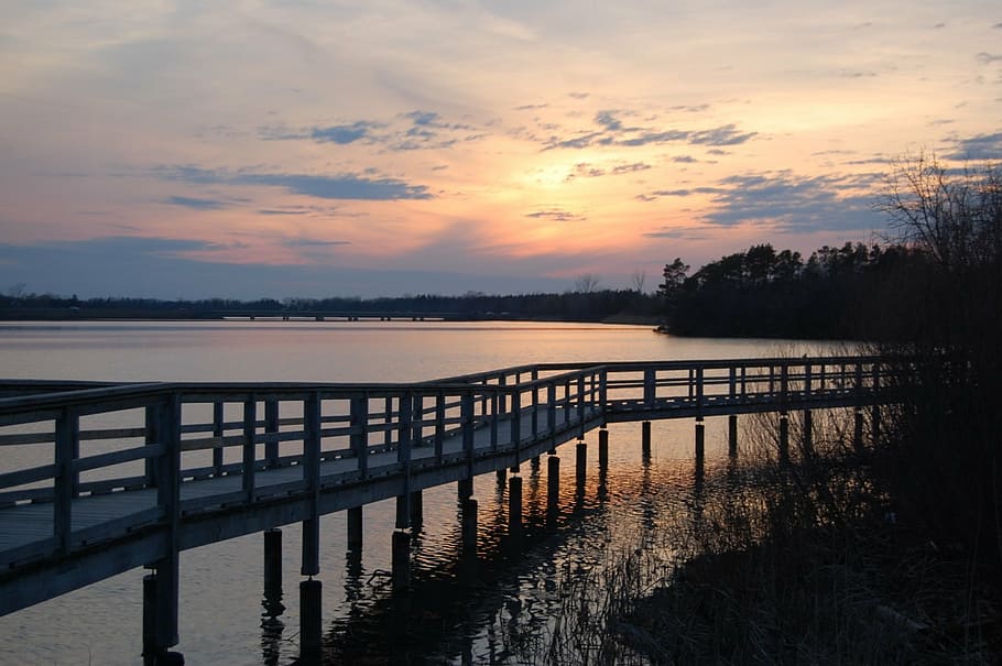 dock, sunset, walkway, peaceful, tranquil, sky, water, boardwalk HD wallpaper