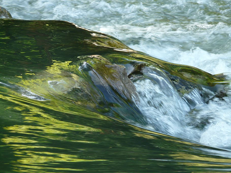 blue and green body of water, clear, river, waters, bach, waterfall HD wallpaper