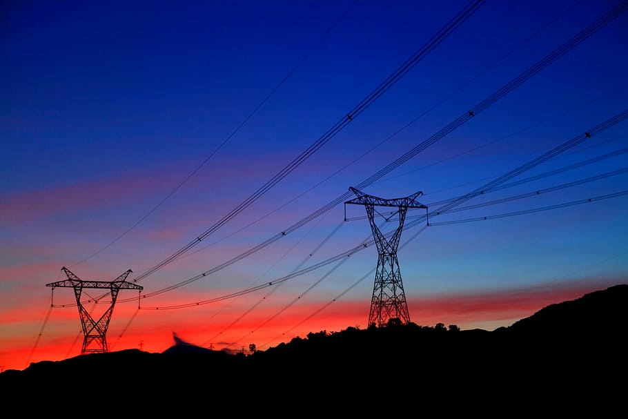 power, sunset, twilight, transmission line, china light and power, HD wallpaper