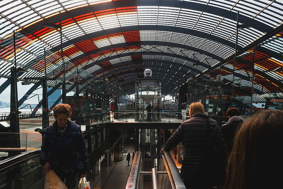 people in riding escalator, person, station, train, roof, real people HD wallpaper