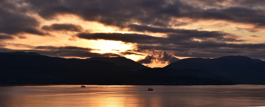 landscape, sunset, dusk, river, hills, mountain, sky, cloud - sky HD wallpaper