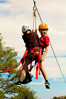 two boys hanging on cable, zip line, children, kids, climbing HD wallpaper