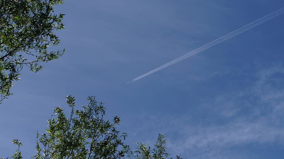 blue sky, aircraft, white cloud, vapor trail, cloud - sky, low angle view HD wallpaper