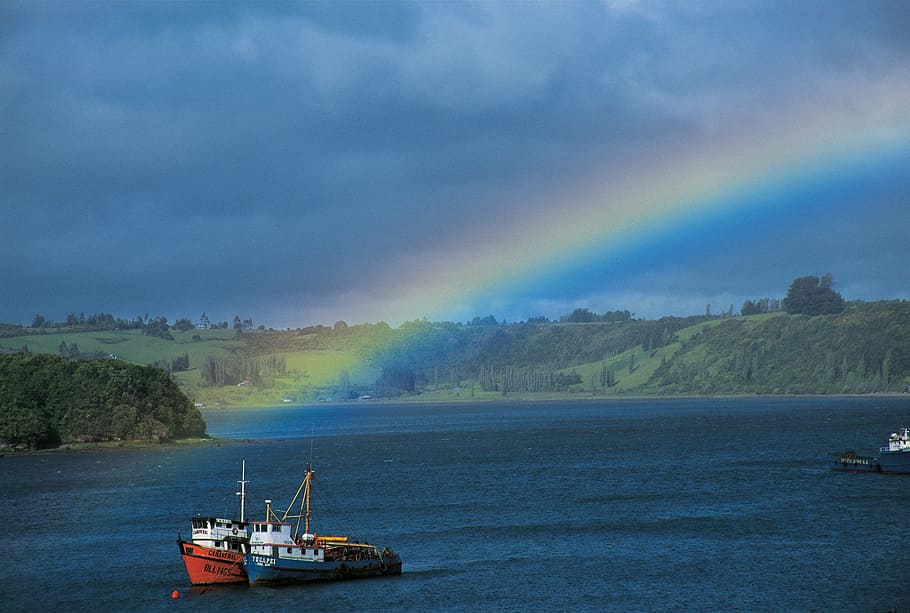 chile, island, rainbow, nautical Vessel, nature, water, sea HD wallpaper