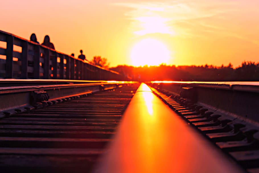 sunset, train line, bridge, solar eclipse, sky, sunlight, nature HD wallpaper