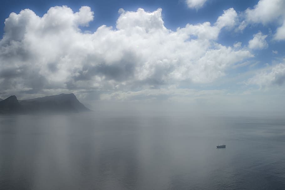 Ocean, Calm, Water, Sky, Horizon, Rocks, ship, clouds, seascape HD wallpaper