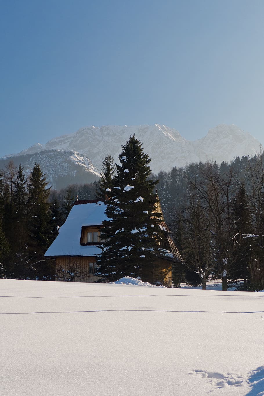 tatry, mountains, winter, view, house, forest, snow, landscape HD wallpaper