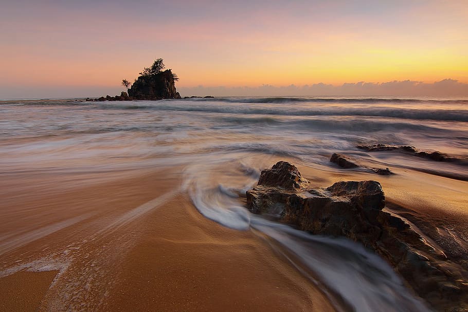 timelapse photography of beach with stone island, seascapes HD wallpaper