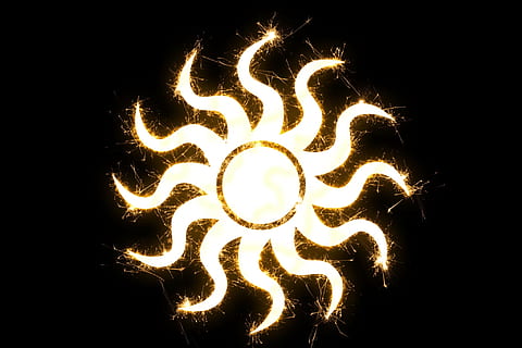 yellow sun logo on black background, sparkle, icon, shine, ray HD wallpaper