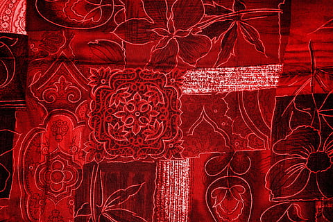 red and black textile, background, patchwork, flowers, fabric HD wallpaper