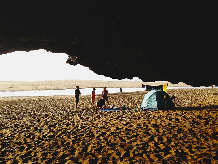 beach, ocean, people, sand, sea, shore, tent, water, camping HD wallpaper