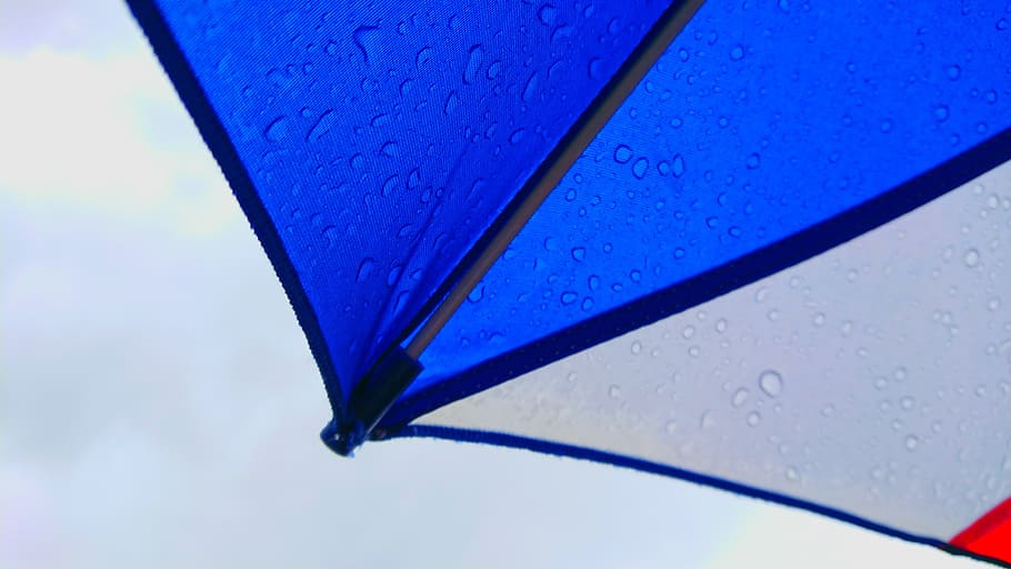 rain, cloudy, umbrella, shizuku, drop, colorful, blue, white, HD wallpaper