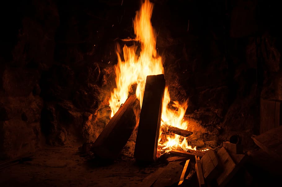 open fire, wood, burn, blaze, flame, fireplace, romantic, wood fire HD wallpaper