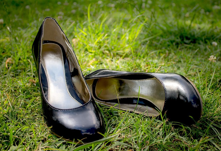 pair of black leather heeled shoes on grass, Meadow, Nature HD wallpaper